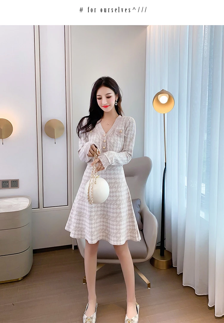 autumn winter new wave autumn dress small fragrance houndstooth waist waist long sleeve knit dress