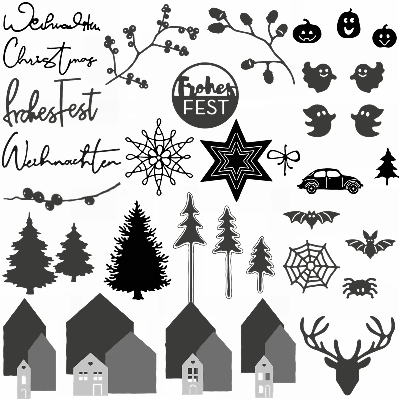Halloween French Words Mix Tree House Deer Spider Web Pumpkin Metal Cutting Dies DIY Handmade Cards Scrapbook Craft Die Cut New | Дом и сад