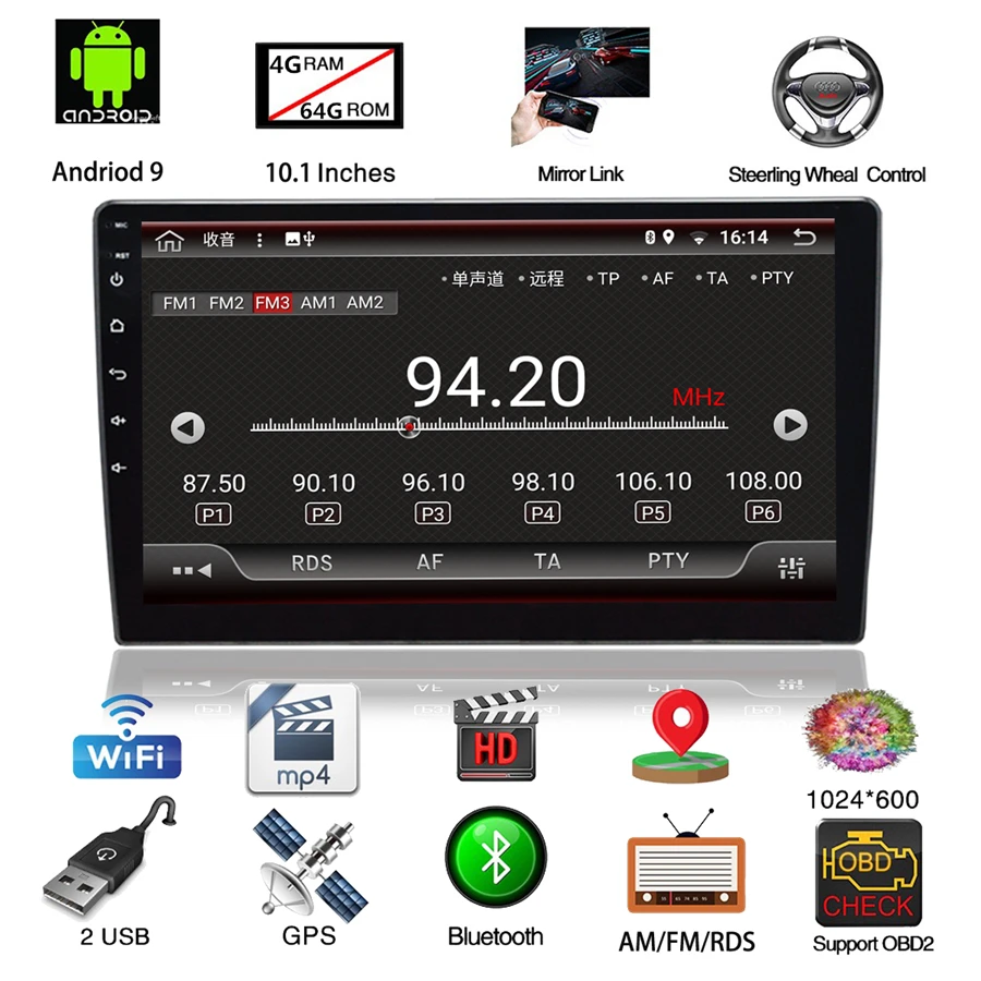 10," автомобиль gps радио 1Din Android 9,0 4K Экран 8-ядерный 64 Гб Встроенная память HDMI Wifi DAB RDS