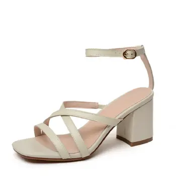 

ZawsThia real genuine leather woman's shoes summer block high heels pumps ankle strap classic high end sexy heels women sandals