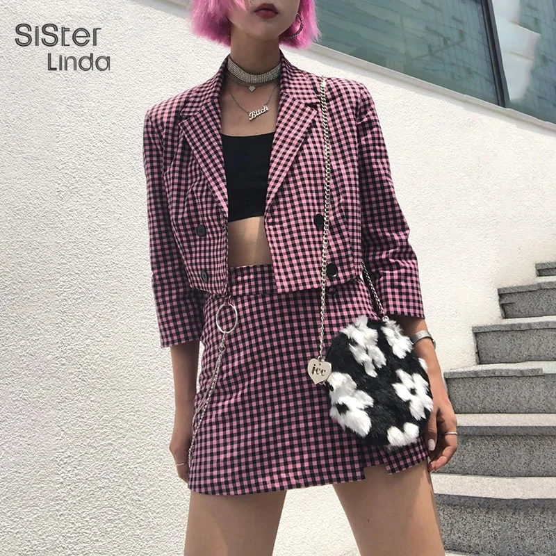 

Sisterlinda Women Coat Plaid Full Sleeve V-neck Jacket Double Breasted High Waist Skirts Lady Office New Spring Outfit