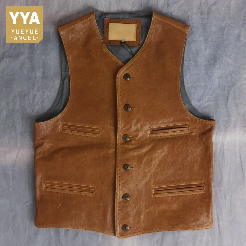 

Business Casual Real Leather Vest Men High Quality Retro Slim Sheepskin Waistcoat V-Neck Single Breasted Sleeveless Cargo Jacket