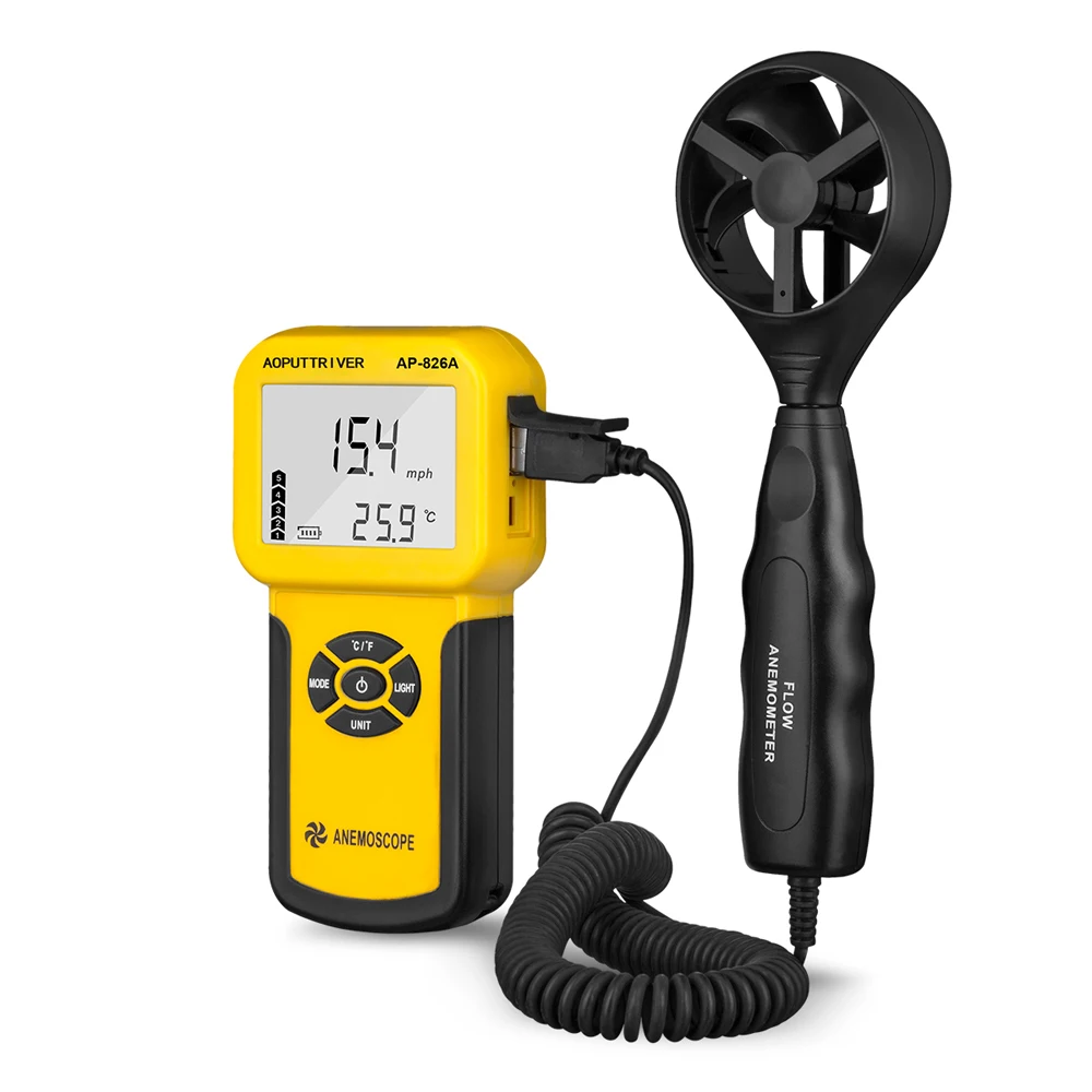 Anemómetro de mano Medidor de velocidad del viento digital portátil Dispositivo de medición Termómetro de flujo de aire con retroiluminación LCD para medir la velocidad del viento y la temperatura 