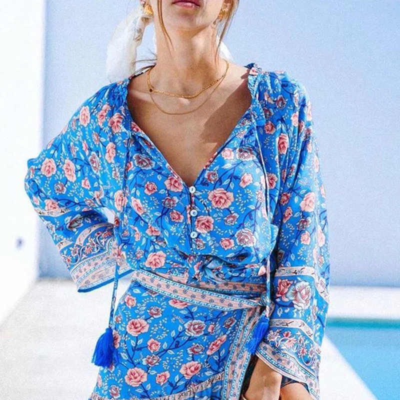 

KHALEE YOSE Blue Floral Blouse Shirt Autumn 2019 Women Boho Hippie Shirt Long Flare Sleeve Button Front Tassles Holiday Blouses