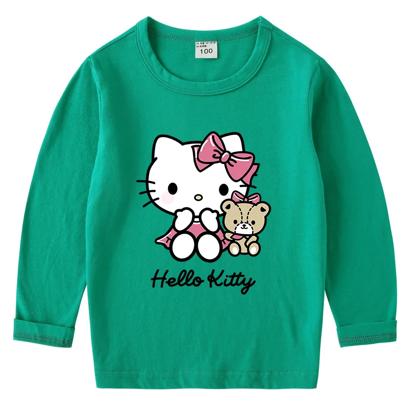 Hello Kitty camiseta de Color sólido para niños primavera otoño nueva camisa de cuello redondo para niños y niñas Camisa de manga larga de algodón para bebés