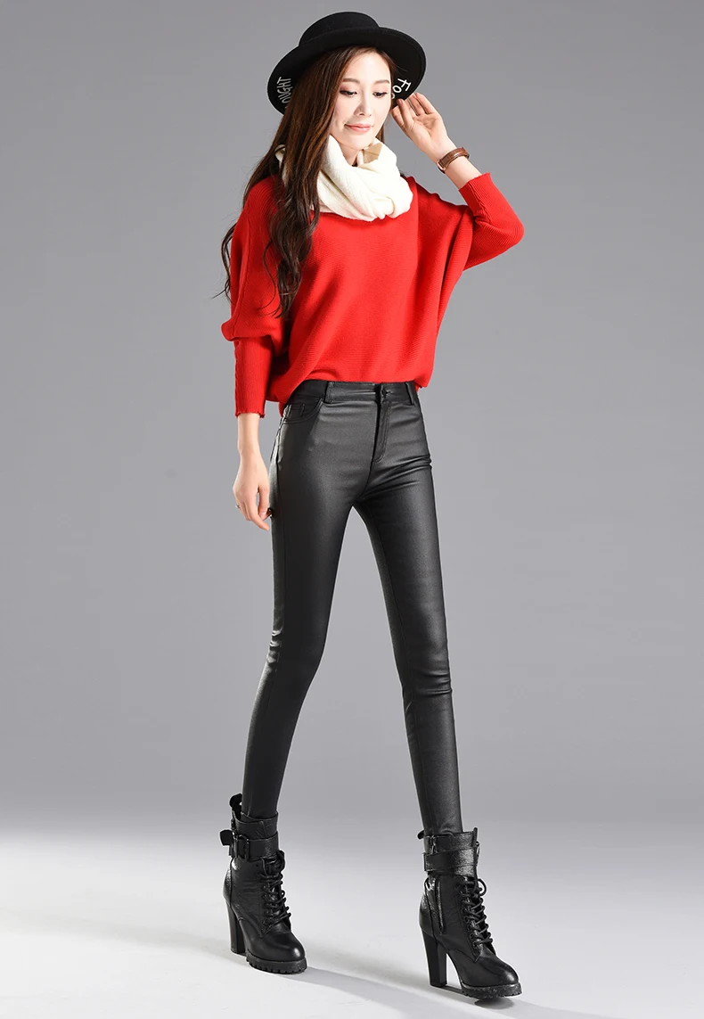 Women Thin Velvet PU Leather Pants 2019 Autumn Winter Female Sexy Pantalon Leggings Elastic Stretch Skinny Tight Faux Leather Pencil Pants Trouser Lady Trousers Black Color S XXXL High Quality Warm Ladies Streetwear (4)