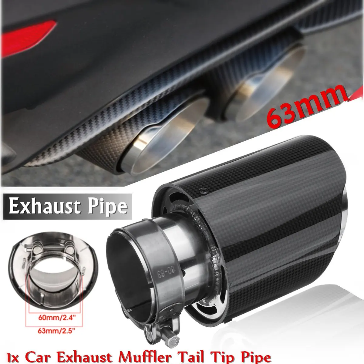 63 101mm Car Exhaust Tail Pipes Glossy Carbon Muffler Tip Tail End