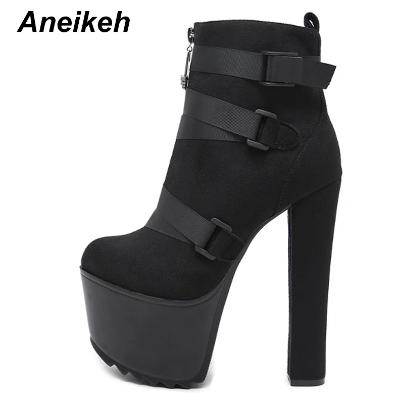 Cena Aneikeh 2019 nowych moda platformy wiosenno jesienne kostki buty damskie 16cm gruby obcas platformy buty damskie buty pracownicze czarny rozmiar