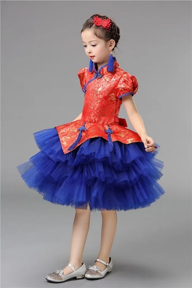 Детские костюмы, Красивое атласное китайское свадебное платье Cheongsam для девочек, китайское платье для танцев guzheng Erhu, красное платье-пачка Qipao