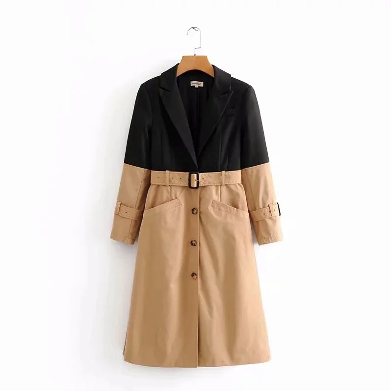 

2019 New Products INS Europe And America WOMEN'S Dress Yang Mi Celebrity Style Contrast Color Joint Lace-up Trench Coat