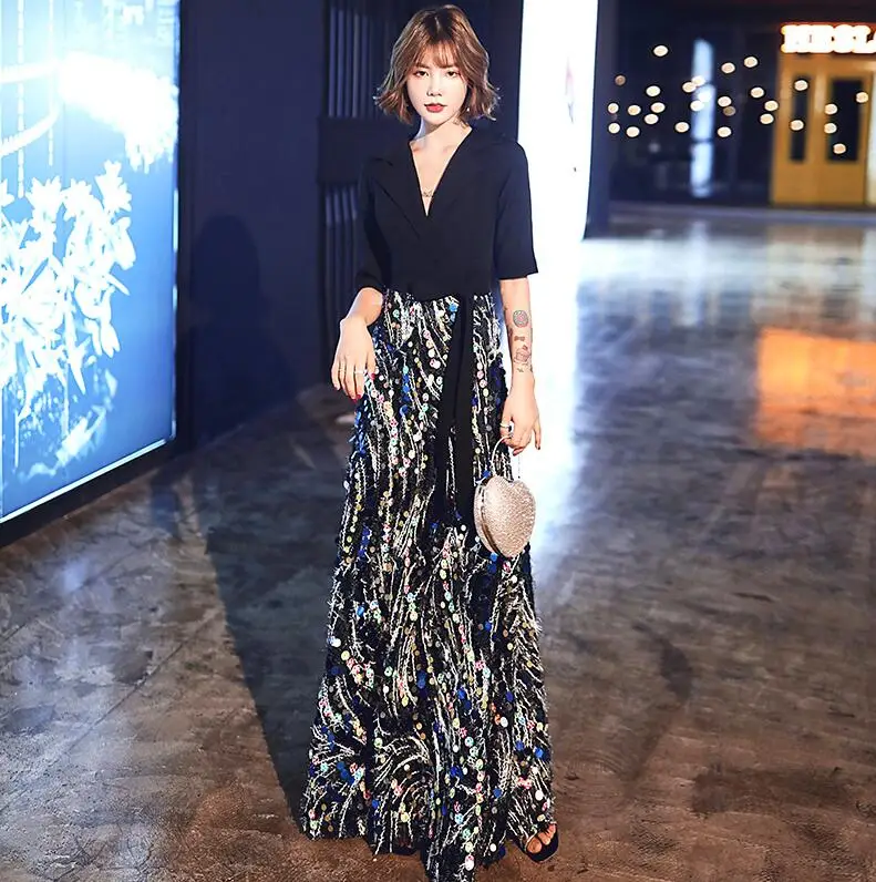 AE611 Robe De Soiree2019 Длинные вечерние платья сексуальное с v-образным вырезом Половина рукава ТРАПЕЦИЕВИДНОЕ официальное платье элегантное вечернее платье - Цвет: Черный