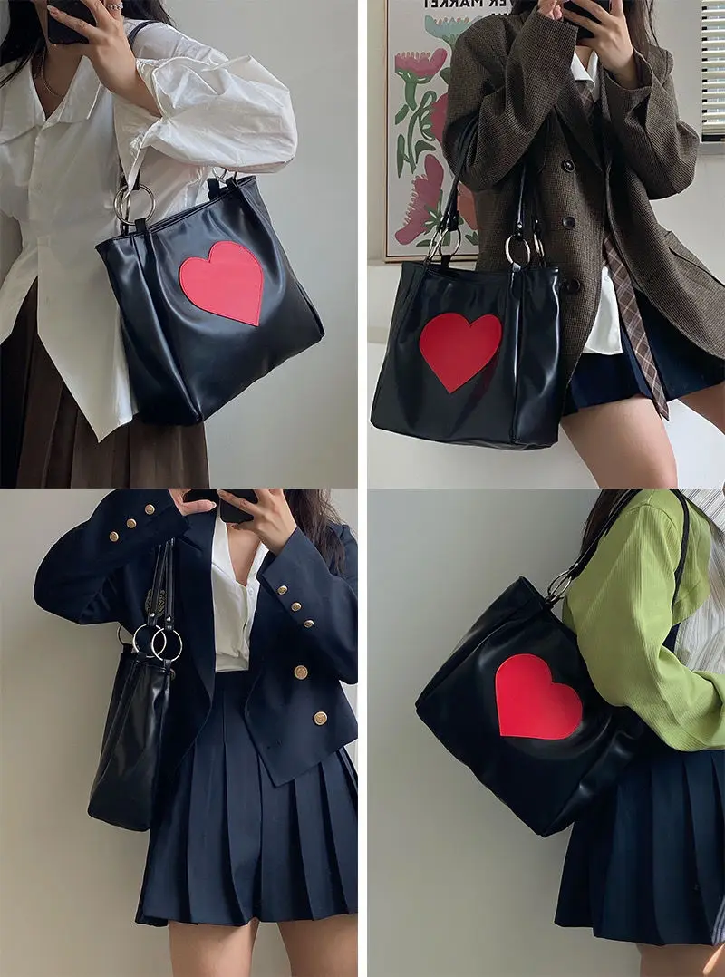 Xiuya Harajuku Kawaii Shoulder Bag Women Japanese Cute Heart Lolita Tote Bag Ladies Handbags 2022 Big Shopper With Zipper