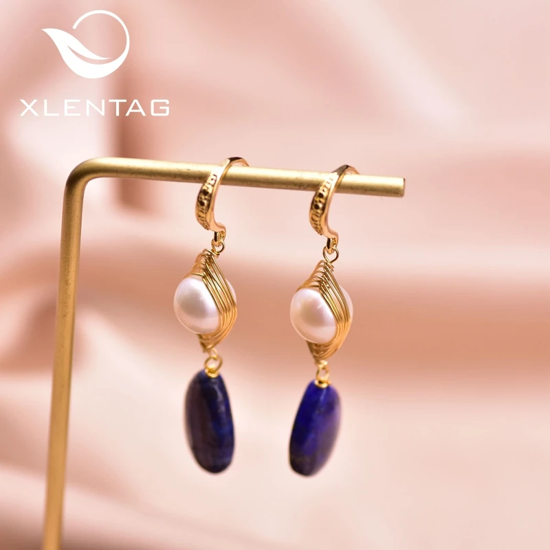 XlentAg Natural Lapis Lazuli Dangle Hook Earring For Women Girls Party Fresh Water Pearl Jewelry Wedding Vintage Gift GE0922 | Украшения и