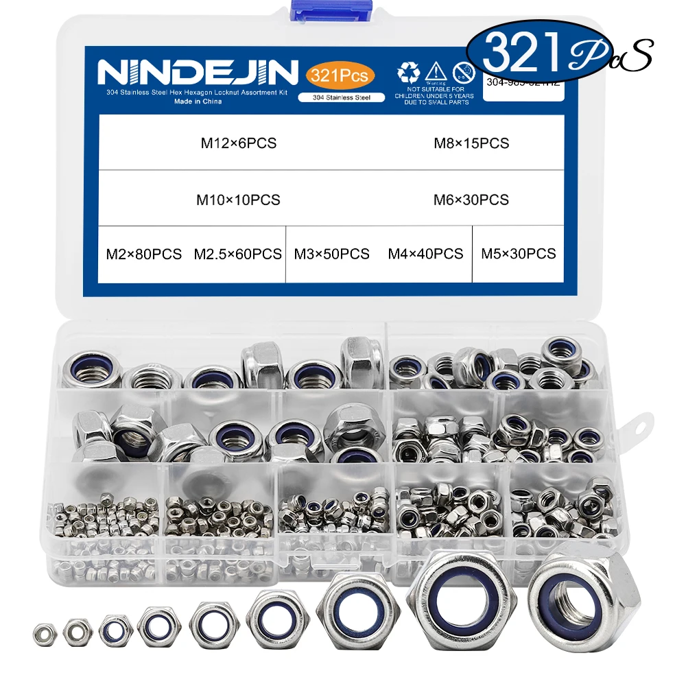 Nindjin 321 шт. нейлоновая фиксирующая гайка 304 нержавеющая сталь M2 5 Шестигранная
