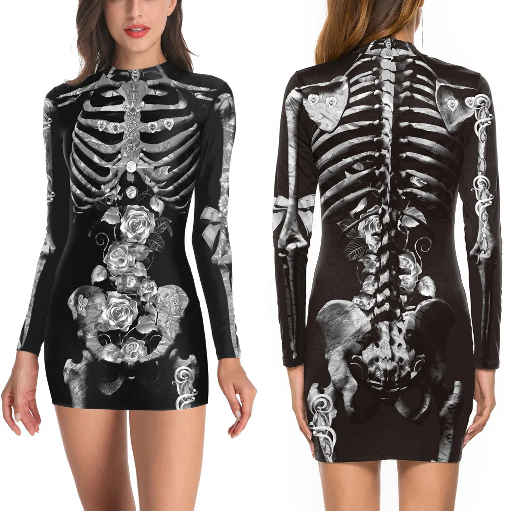 

Autumn Round Neck Girl Print Dress Halloween Black And White Dresses Long Sleeves Casual Party Sexy Dress Elegant Slim Dress 25