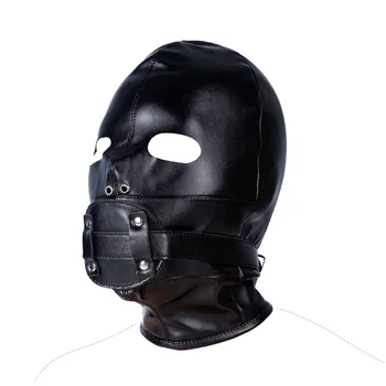 SM Leather Hood Blindfold,Head Harnes Mask With Dildo Penis Mouth Gag,Fetish Slave BDSM Bondage Gimp,Adult Sex Toy For Women Men 3