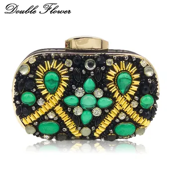 

Double Flower Vintage Retro Purple Crystal Women Beaded Evening Bags Wedding Cocktail Party Beading Handbag Chain Shoulder Purse