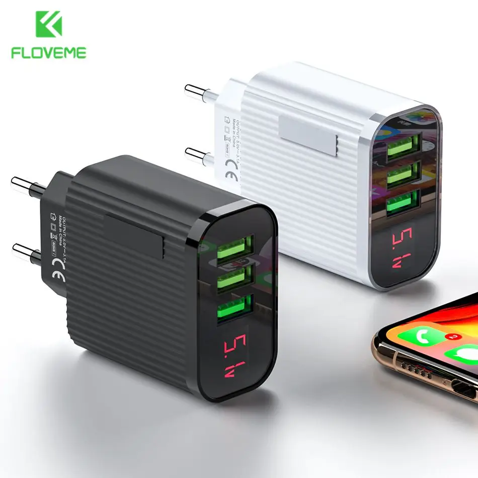 

FLOVEME 3 Port USB Phone Charger LED Display EU Plug 5V 3A Fast Charging Travel Wall Charger Adapter For iPhone Samsung Xiaomi