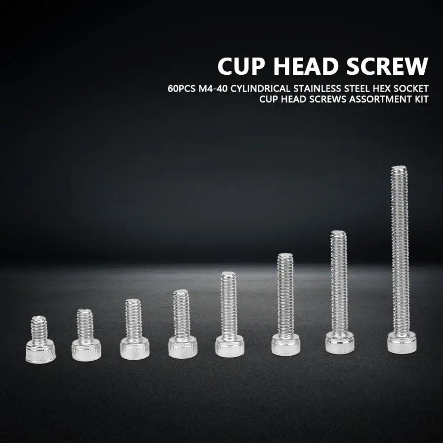 

60Pcs/set -40 Cylindrical Stainless Steel Hex Socket Cup Screws Assortment Kit