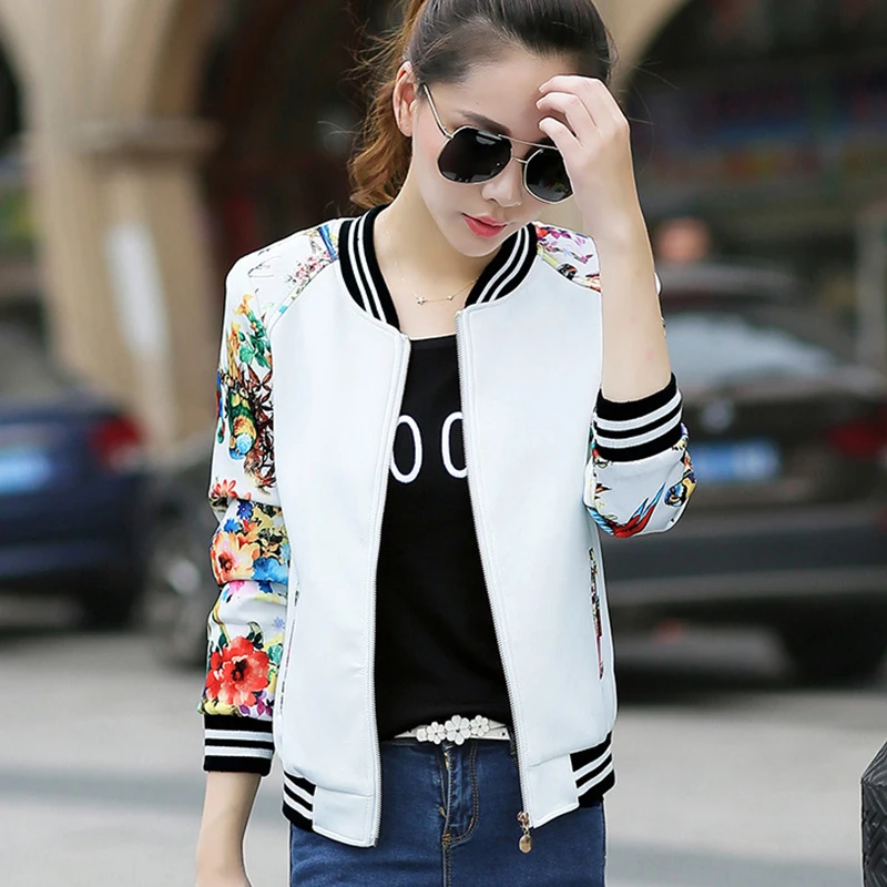 

2022 Korean Summer Print Jacket Women Casual Thin Bomber Jacket Slim Female White Long Sleeve Zipper Baseball Jackets Outwear