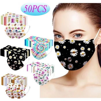 

50PCS Unisex Printed Soft Masks Adults 3-Layer Face Masks Breathable Earloop Mask Anti-Pollution Mouth masque mascherine Maak