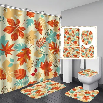 

4 Pcs/Set Waterproof Polyester Carpet Pedestal Rugs Lid Toilet Cover Shower Curtain Patterned Bathroom Mat Non-Slip/