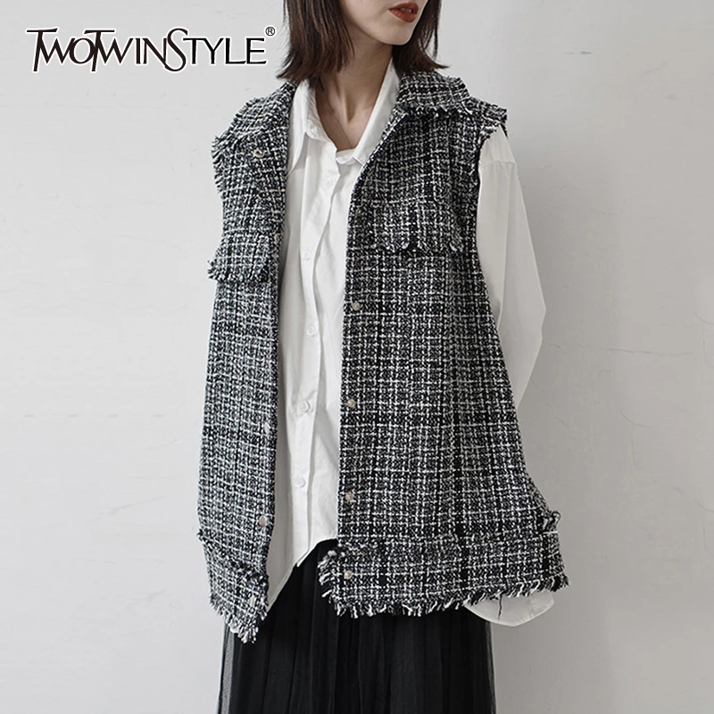 TWOTWINSTYLE Knitted Plaid Women's Sweater Lapel Collar Sleeveless Patchwork Tassel Female Cardigans 2019 Autumn Fashion New |