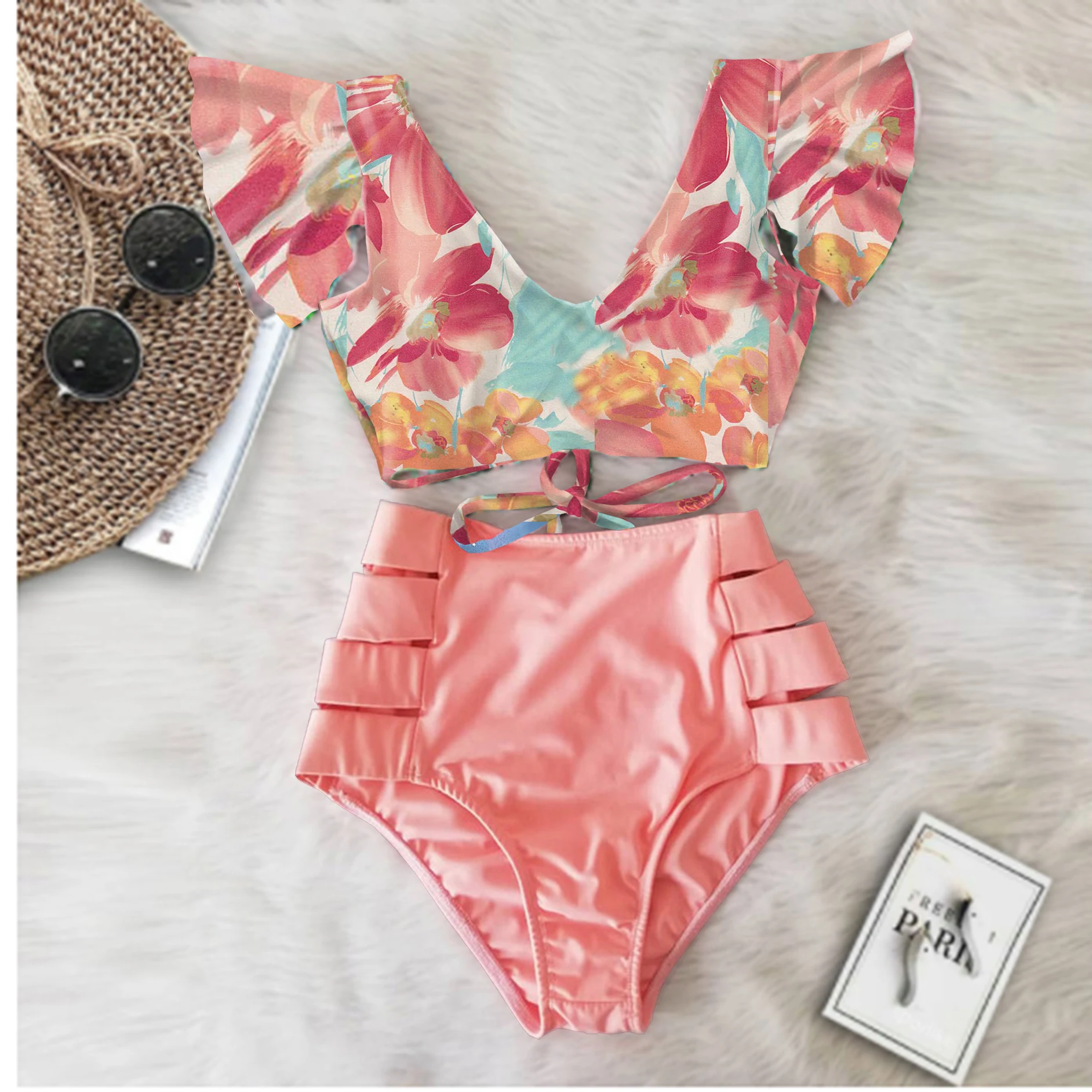 Новинка 2020 бикини с цветочным рисунком комплект оборками женский купальник из