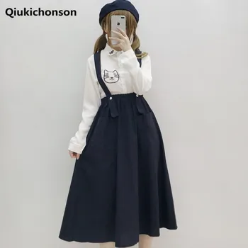 

Japanese Mori Girl Long Skirt Midi Women Summer Preppy Style Navy Blue Sundress With Two Pockets Students Cute Suspender Skirts