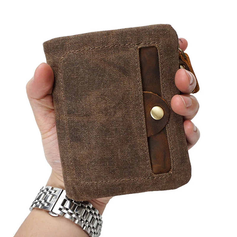 

Vintage Short Wallets For Men and Women Canvas With Crazy Horse Leather Coin Purses Designer Card Holder Money Bag Pocket Male