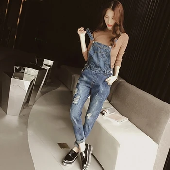 

Fashion Loose Adjustable Strap Jeans Slim Jumpsuit Women's Denim Pants Overalls Ripped Hole Pant hc