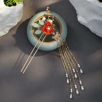 

Faux Pearl Tassel Red Color Hair Pin Gold Color Hair Stick Flower Shape Tassels Hair Clip Classic Chinese Style Jewelry SL
