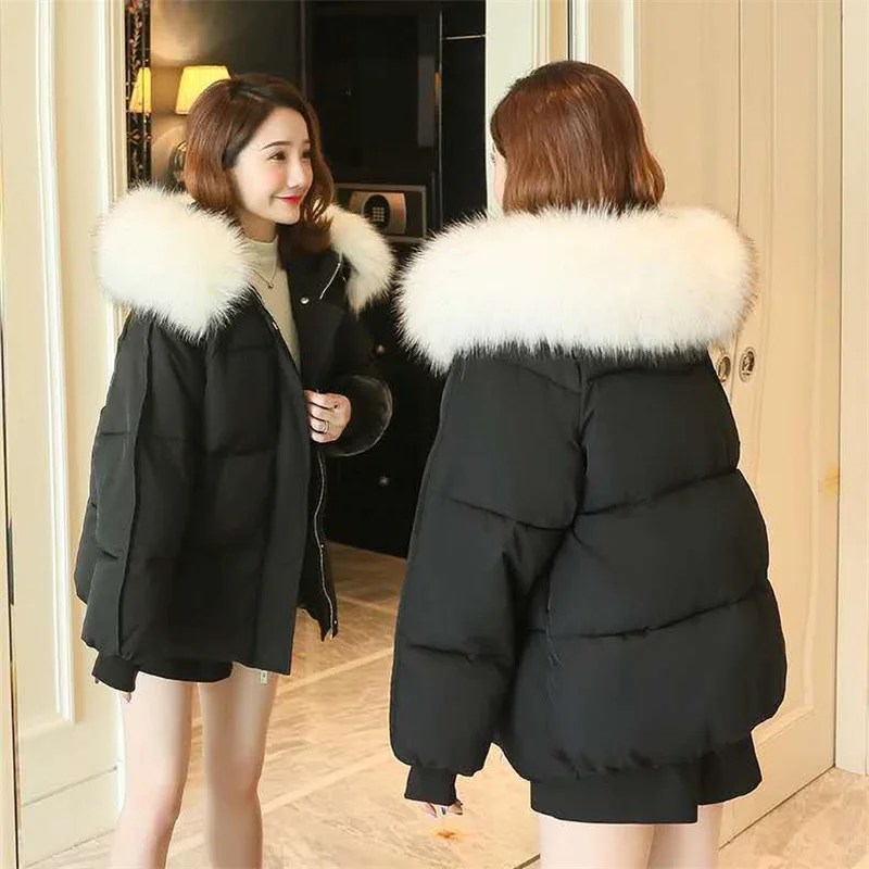 2021 Winter New Thick Bread Jacket Female Zipper Fur Collar Jacket Women Short Student Loose Korean Style Down Cotton JacketA197