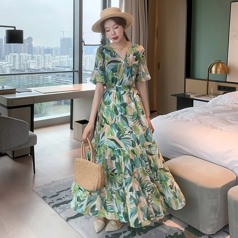 Tonglord Women Chiffon Dress 2020 Summer New Female Short Sleeve V-neck Printed Casual Long Dresses Elegant A-line Boho Vestidos
