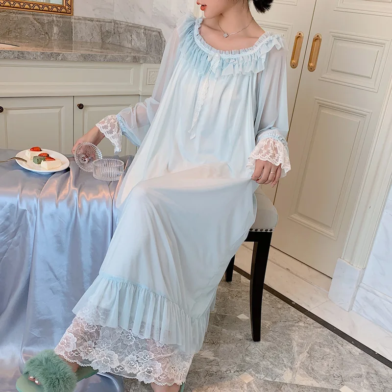 Sleepshirts Fashion Nightgown Ladies Lingerie Womens Sexy Sleepwear Long Sleeve Nightdress Nightwear Lace Palace style dress
