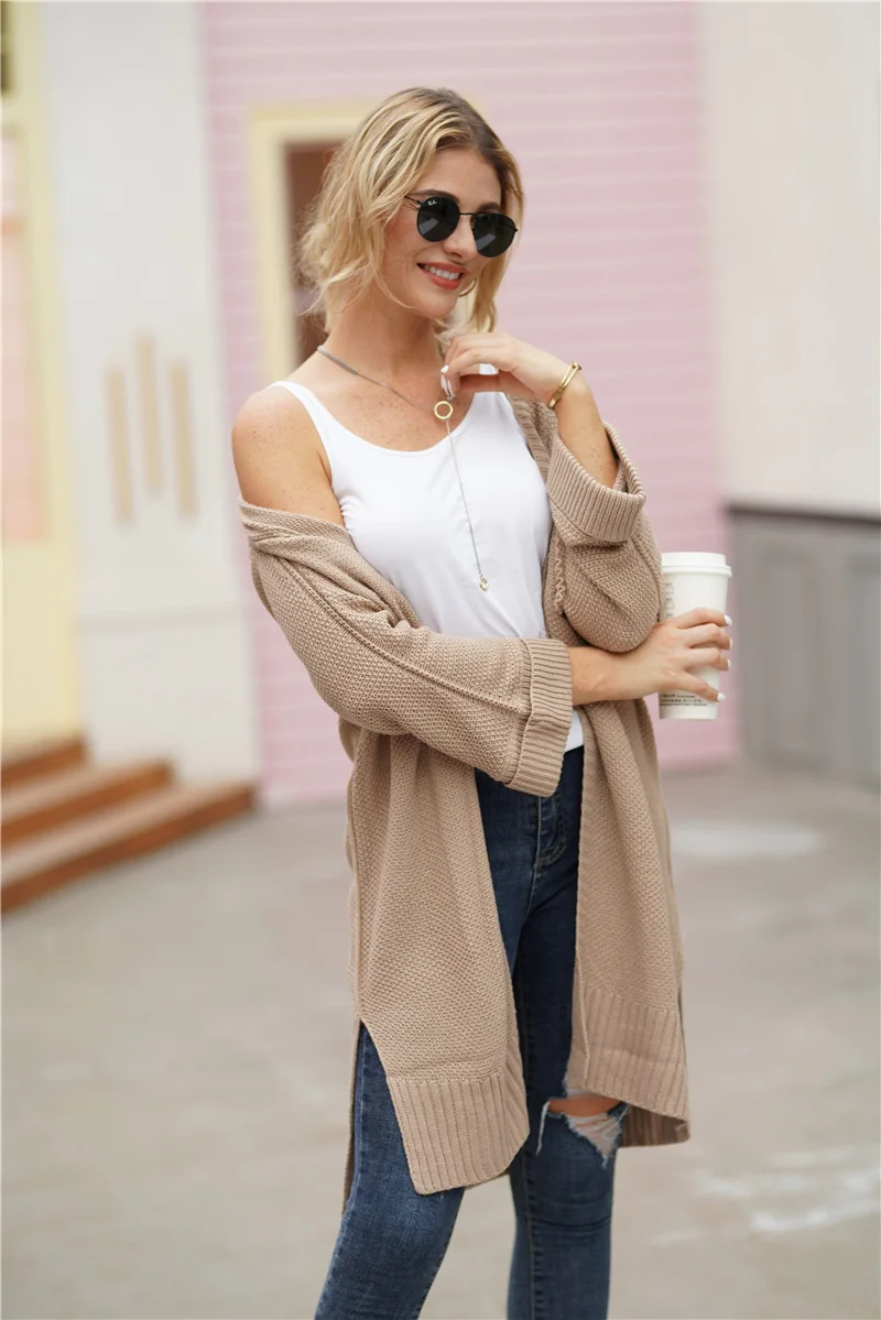 Fitshinling Boho длинный кардиган, зимнее пальто, Женский однотонный тонкий вязаный жакет с разрезом по бокам, женский корейский Кардиган, Свитер