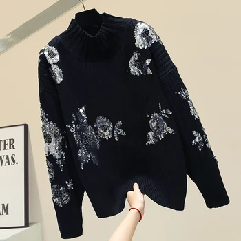 

Sequined Flower Sweater Women Sweater Knitted Pullover Womens Loose Lazy Wind Coat Female Pullovers Puff Femme Sweter Damski