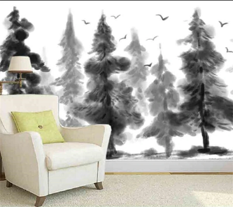 beibehang Custom mural wallpaper modern minimalist black and white pine forest TV background living room bedroom background wall bed headboard black 125 5x4x100 cm solid wood pine