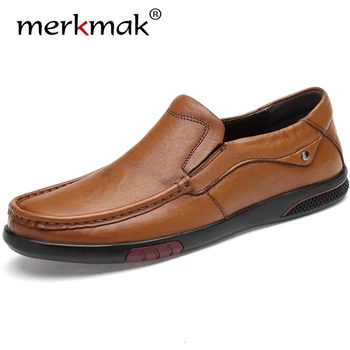 

Merkmak 2020 Genuine Leather Men's Casual Shoes Brand Mens Loafers Flats Breathable Slip on Black Driving Shoes Plus Size 38-45