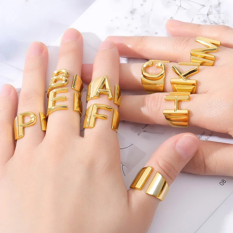 Anillos abiertos ajustables con inicial para mujer, sortija con letras de A-Z de acero inoxidable, joyería de boda, regalo 2023