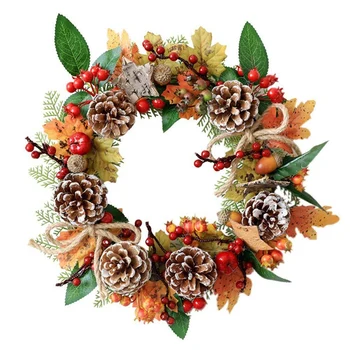 

Artificial Wreath Fall Maple Leaves Wreath with Decorative Pine Cone Red Berry Front Door Wreath Christmas Floral Rattan Garland