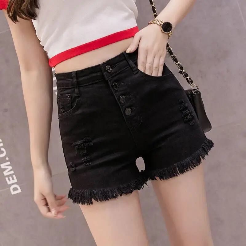 1252 4-Button Black Новые стильные женские джинсовые шорты с высокой талией, облегающие эластичные джинсовые шорты, сексуальная уличная одежда, повседневные шорты для девушек - Цвет: 1252 4-Button Black