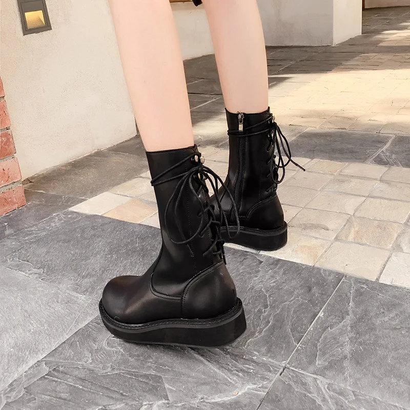 winter retro martin boots women British style flat bottom lace tie mid-calf motorcycle booties side zip riding botas female