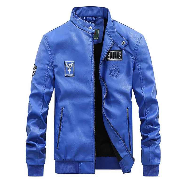 Новейшая куртка из искусственной кожи для мужчин; сезон осень-зима; повседневные мужские куртки; однотонная одежда; модная эластичная мотоциклетная верхняя одежда - Цвет: Blue
