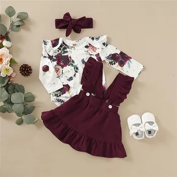 

Newborn Toddler Kids Baby Girls clothes Floral print Bodysuit bow Headband strap Button solid skirts 2pc Outfit