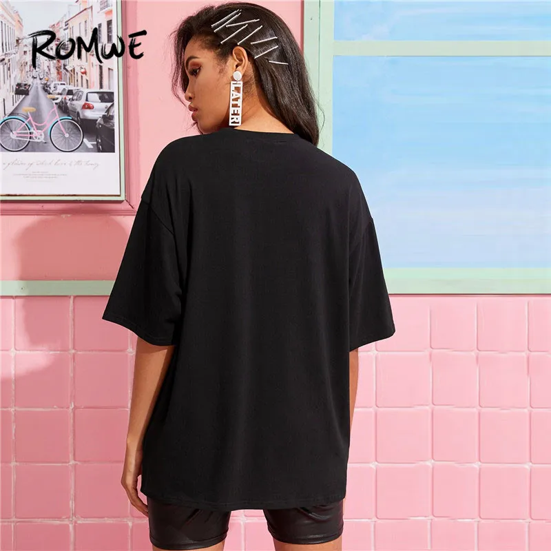 ROMWE Досуг Drop Shoulder лозунг футболка женская с коротким рукавом черная футболка длинные топы Летняя Повседневная Женская одежда с круглым вырезом