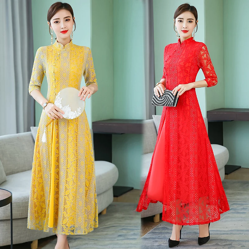 lace mesh female evening party gown elegant bridesmaid dress vestidos improved embroidery cheongsam qipao women aodai