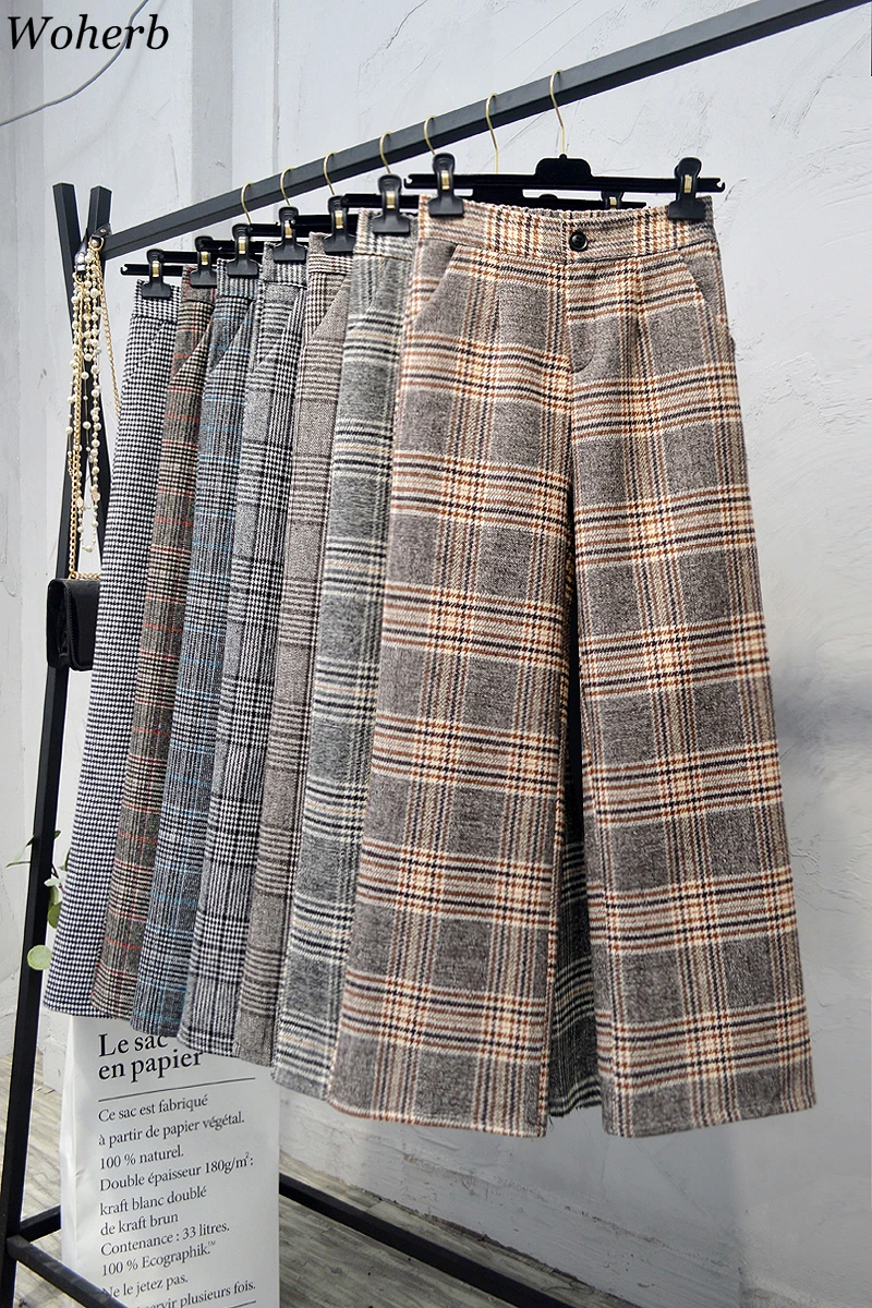 Woherb Plaid Pants High Waist Wide Leg Trousers Loose Autumn Winter Straight Pantalones Korean Fashion New More Style 91095