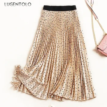 

Lugentolo Women Skirt Summer Charming Wave Point Dot Elasticated Waist Elegant Pleated A-line Fashion Lady Chic Long Skirts