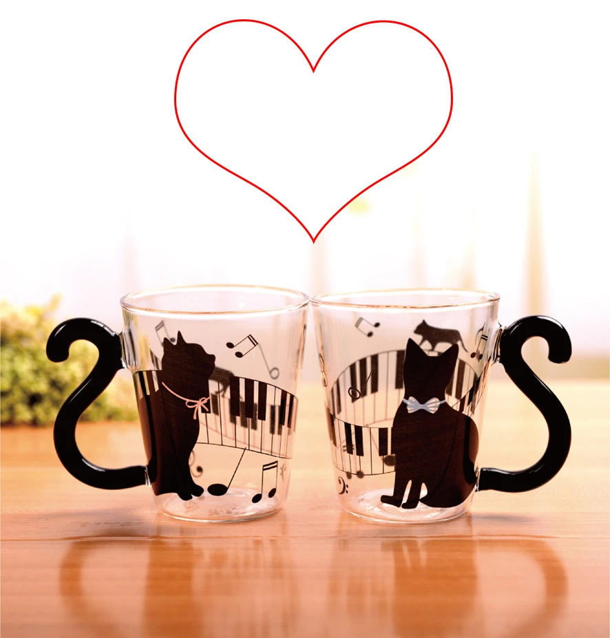 かわいいテール黒猫キティ水ガラスカップマグミルクティーコーヒーフルーツジュース スプーン オフィスギフト女の子同僚女性 Mugs Aliexpress
